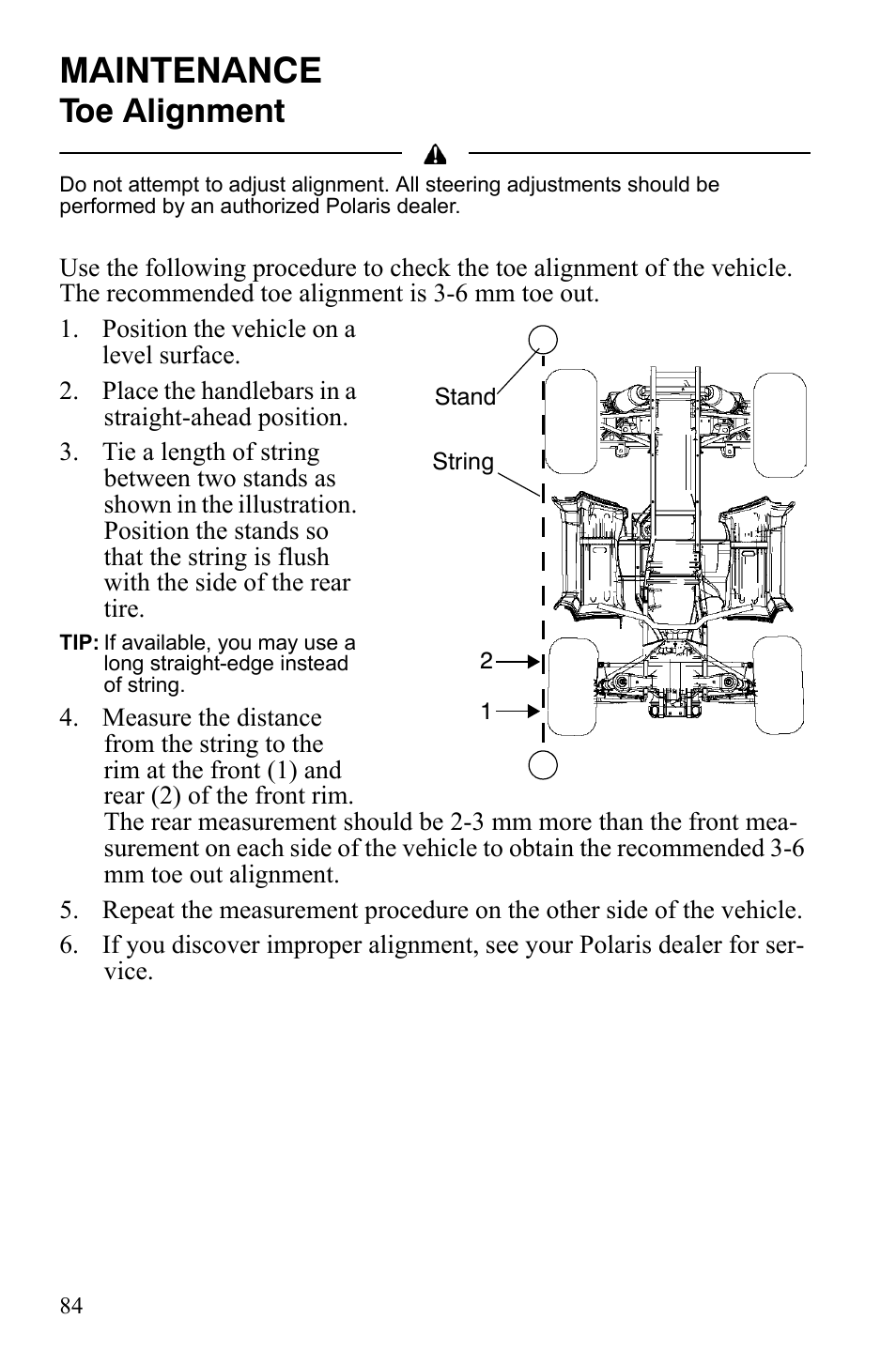 Maintenance, Toe alignment | Polaris Sportsman 9921837 User Manual | Page 86 / 133