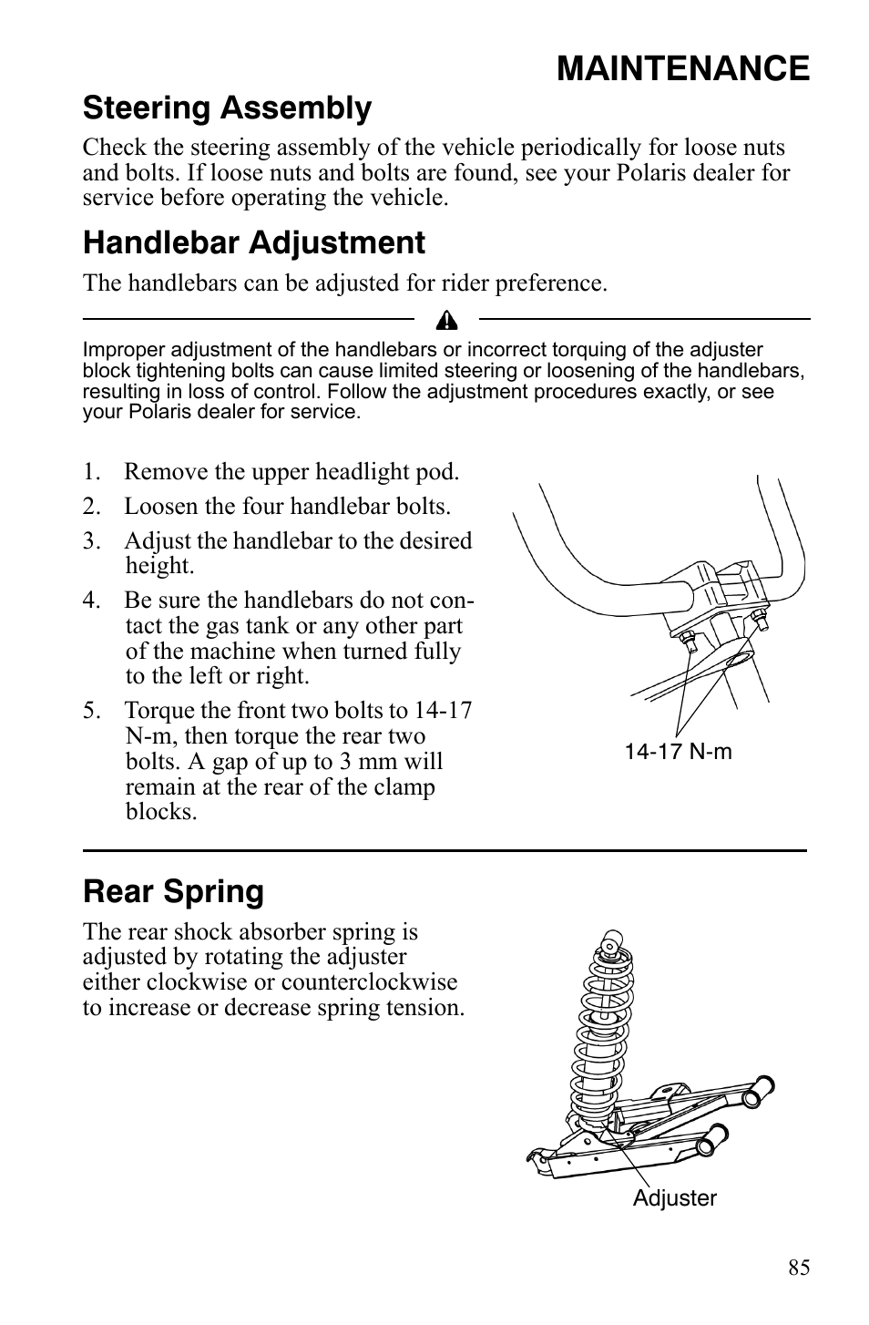 Maintenance, Steering assembly, Handlebar adjustment | Rear spring | Polaris Sportsman 9921837 User Manual | Page 87 / 133