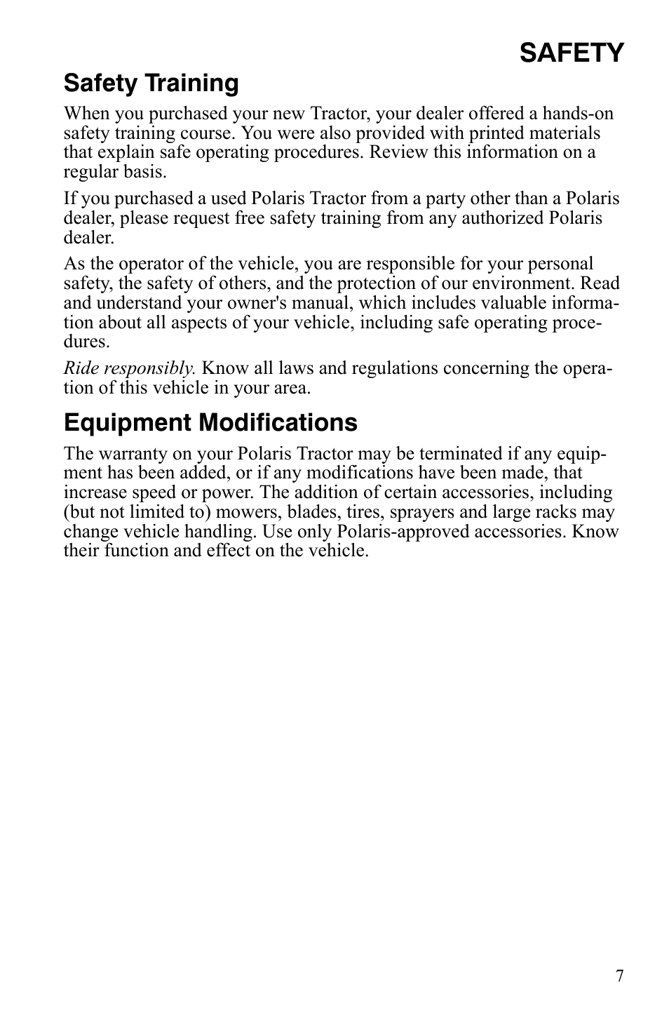 Safety, Safety training, Equipment modifications | Polaris Sportsman 9921837 User Manual | Page 9 / 133