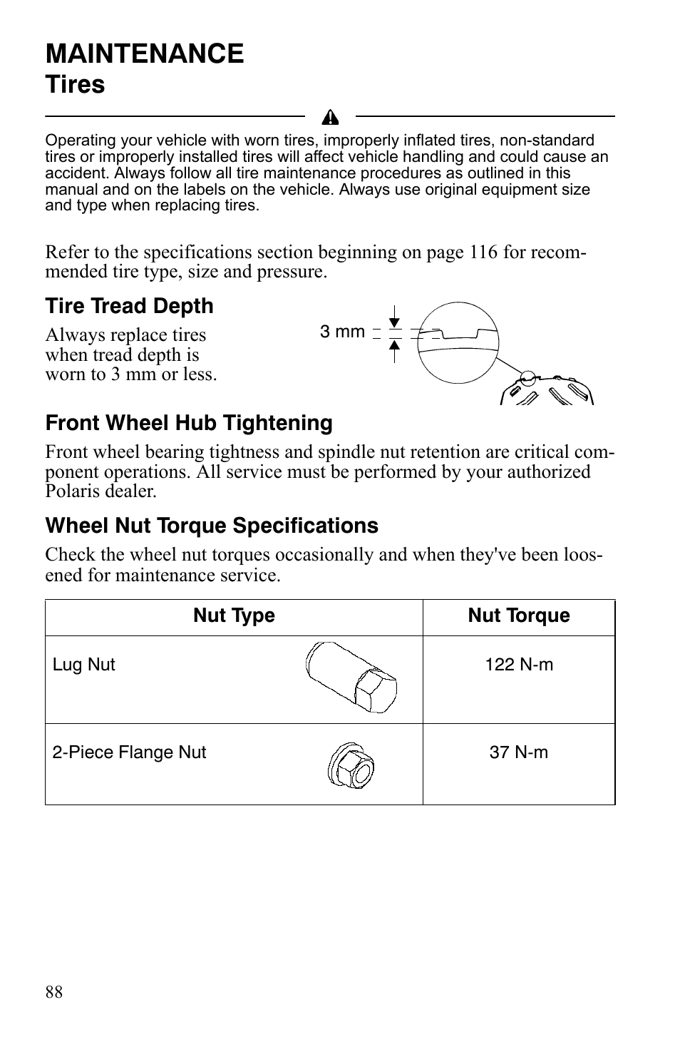 Maintenance, Tires | Polaris Sportsman 9921837 User Manual | Page 90 / 133