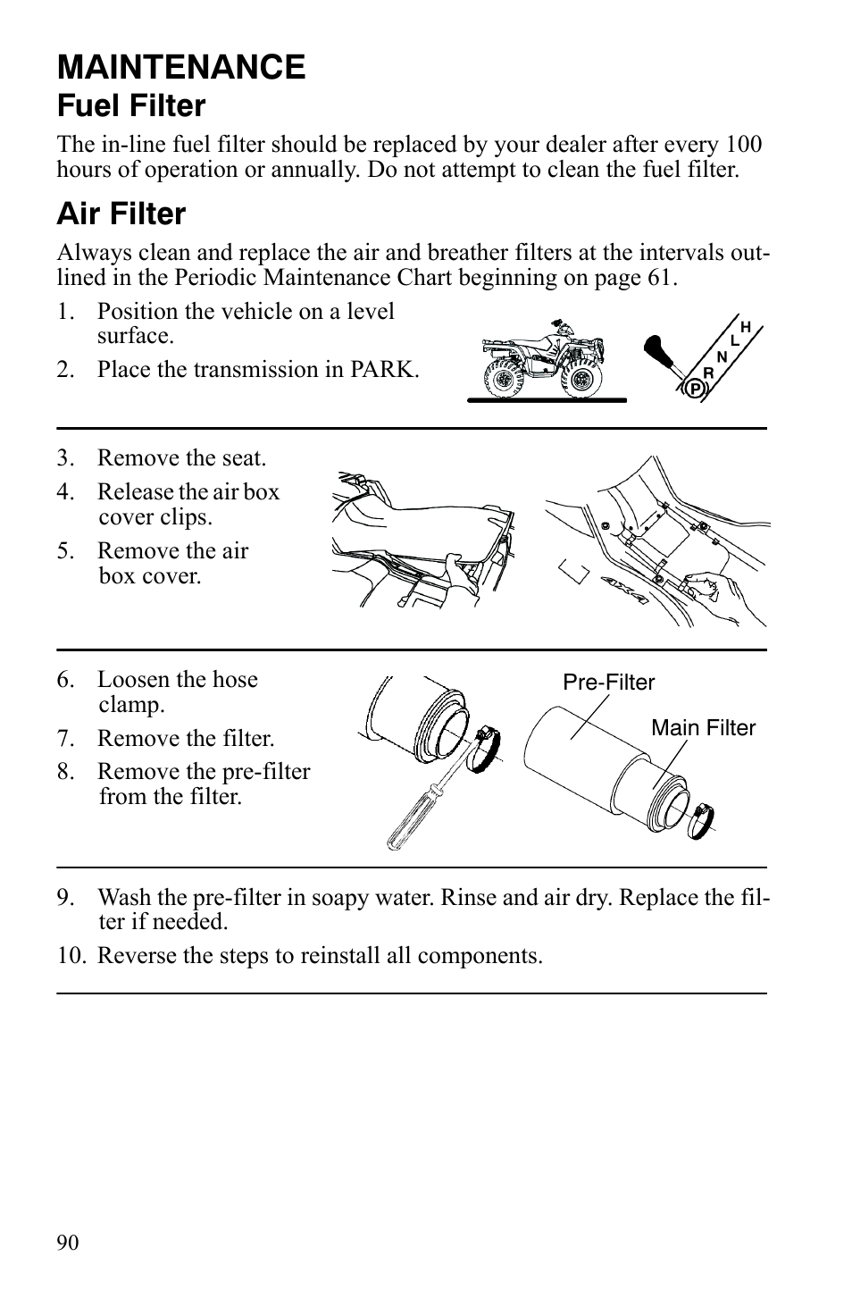 Maintenance, Fuel filter, Air filter | Polaris Sportsman 9921837 User Manual | Page 92 / 133
