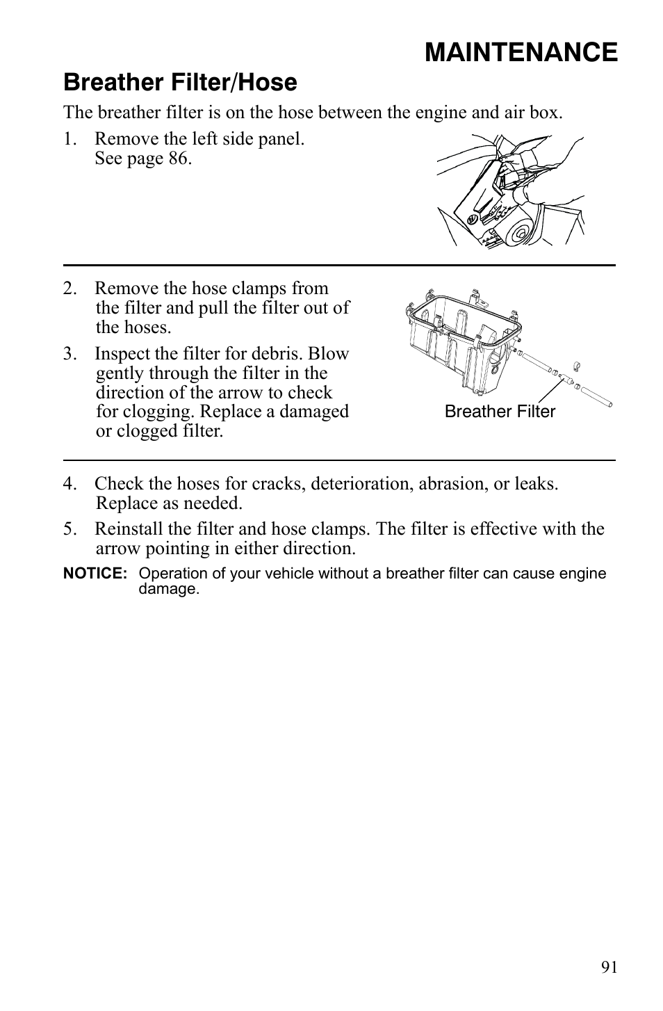 Maintenance, Breather filter/hose | Polaris Sportsman 9921837 User Manual | Page 93 / 133