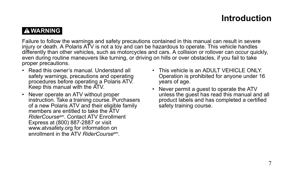 Introduction | Polaris Outlaw 525 S User Manual | Page 10 / 205