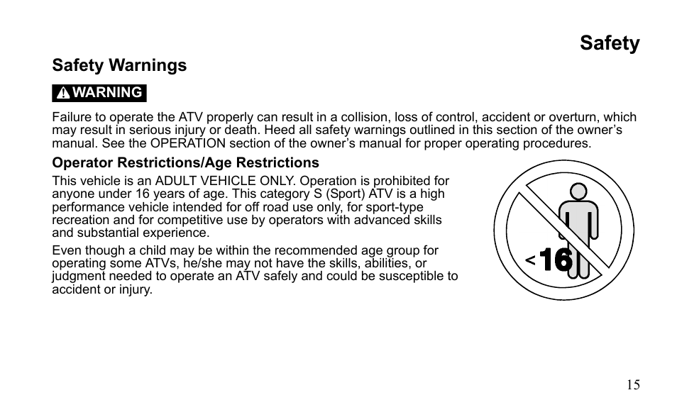 Safety, Safety warnings | Polaris Outlaw 525 S User Manual | Page 18 / 205