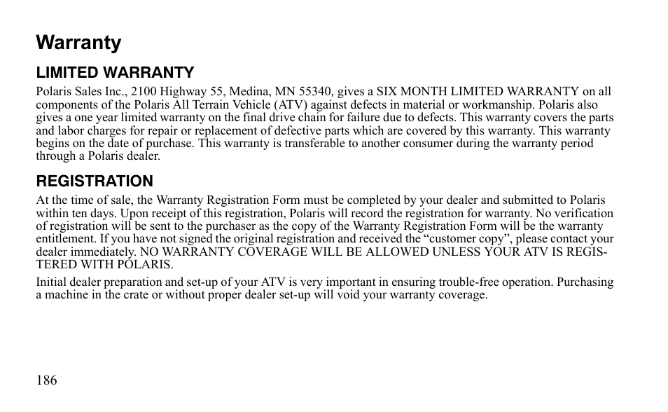 Warranty | Polaris Outlaw 525 S User Manual | Page 189 / 205