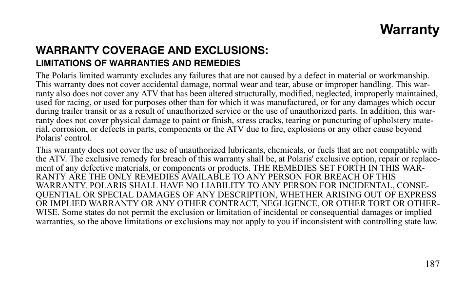 Warranty | Polaris Outlaw 525 S User Manual | Page 190 / 205