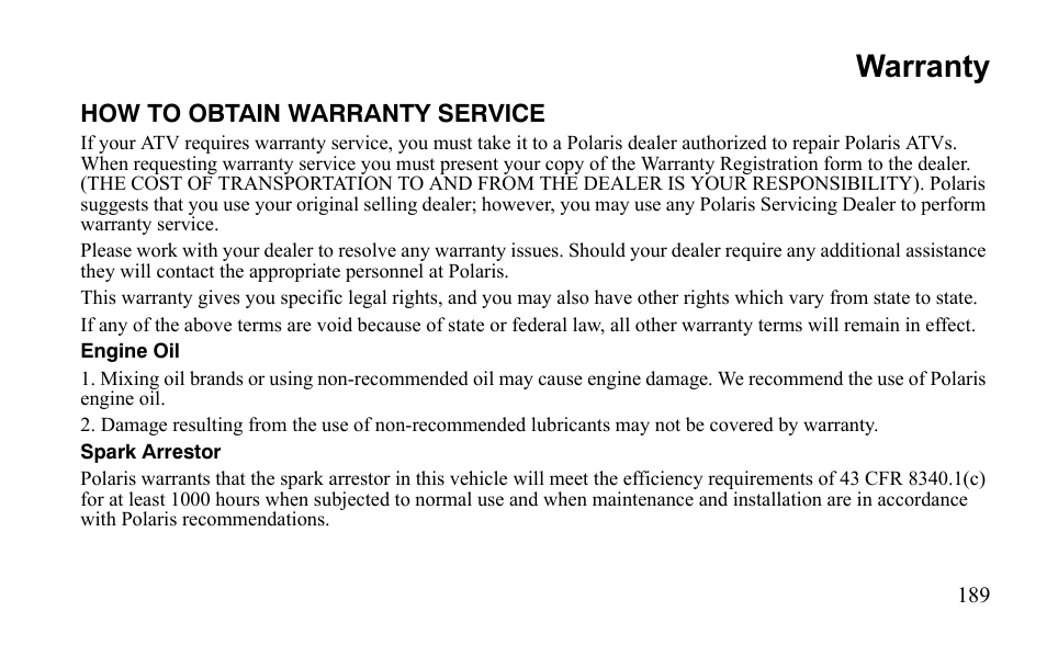 Warranty | Polaris Outlaw 525 S User Manual | Page 192 / 205