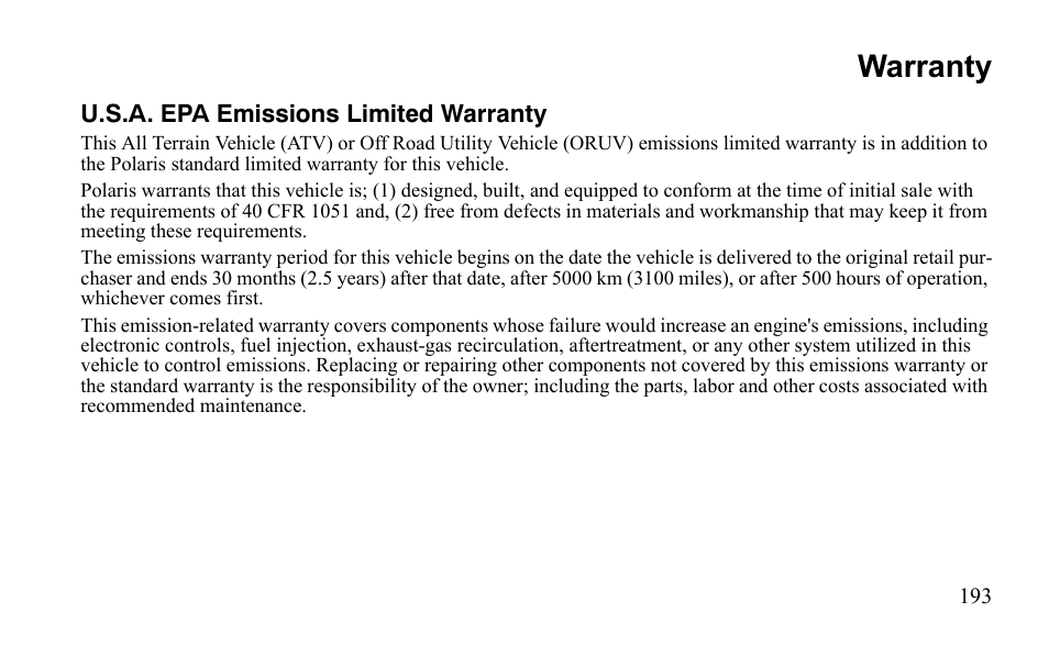 Warranty | Polaris Outlaw 525 S User Manual | Page 196 / 205