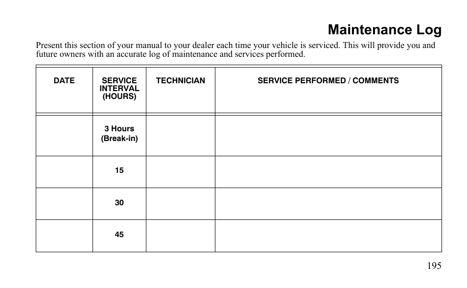 Maintenance log | Polaris Outlaw 525 S User Manual | Page 198 / 205