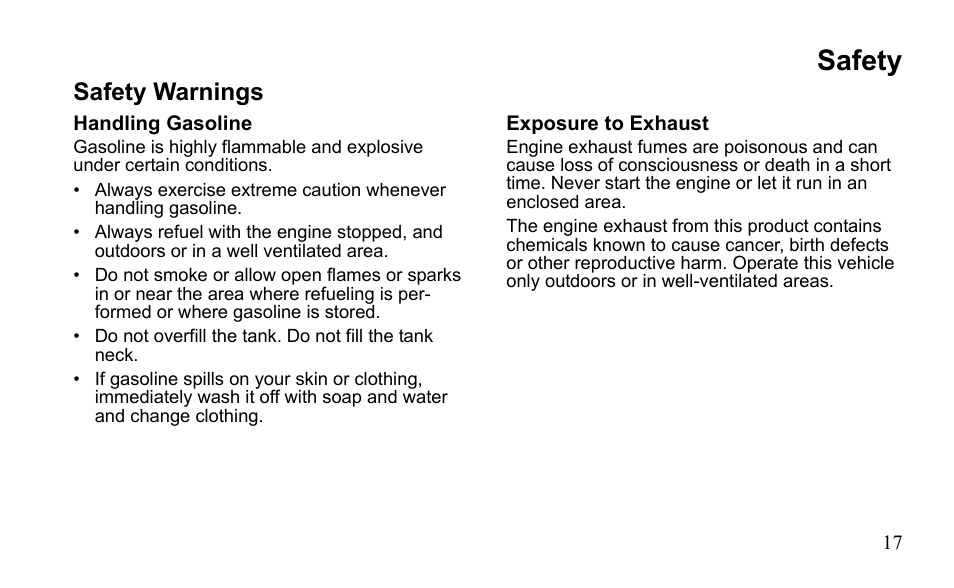 Safety, Safety warnings | Polaris Outlaw 525 S User Manual | Page 20 / 205