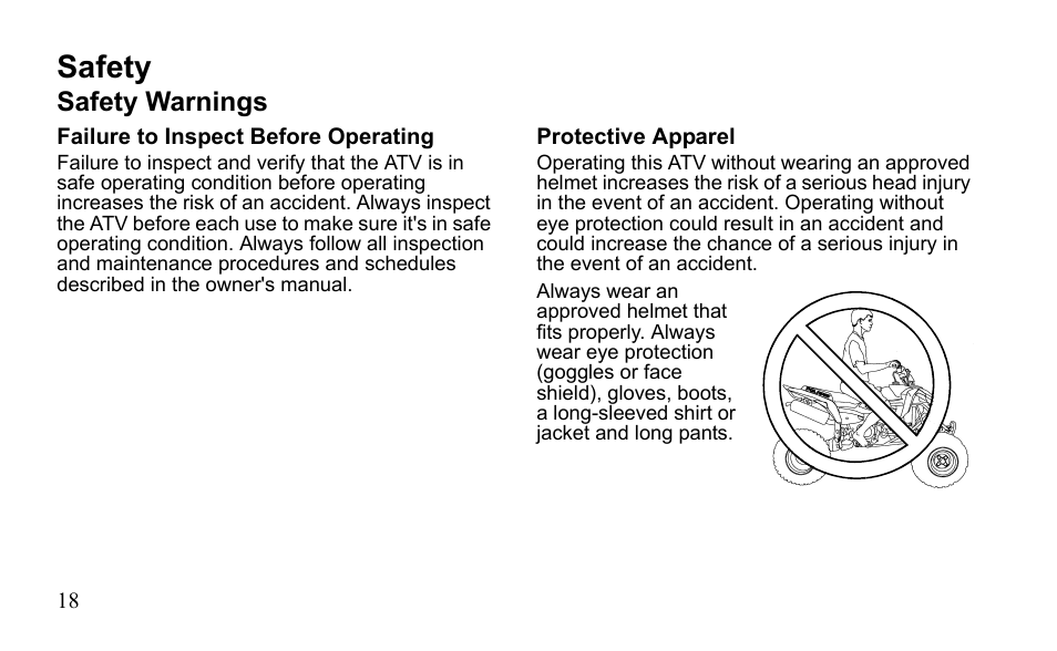 Safety, Safety warnings | Polaris Outlaw 525 S User Manual | Page 21 / 205