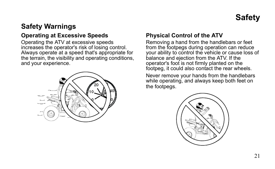 Safety, Safety warnings | Polaris Outlaw 525 S User Manual | Page 24 / 205