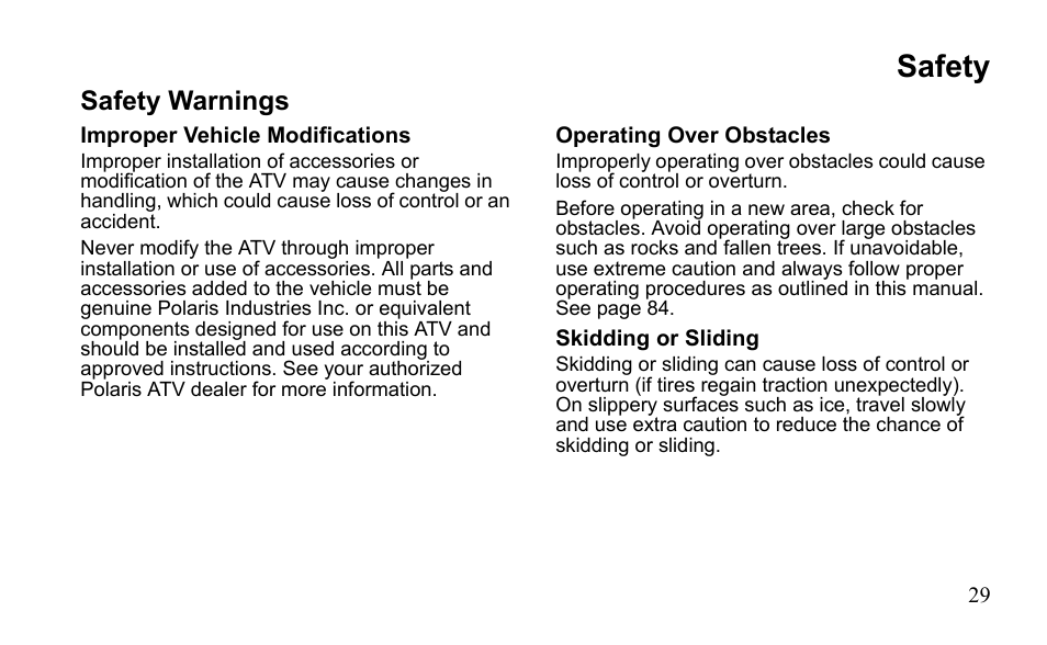 Safety, Safety warnings | Polaris Outlaw 525 S User Manual | Page 32 / 205