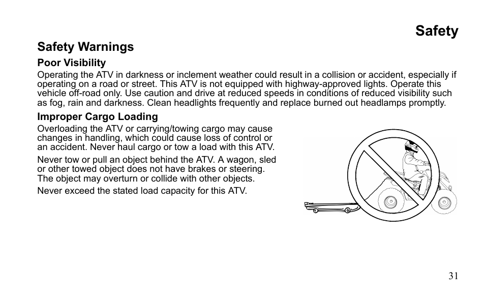 Safety, Safety warnings | Polaris Outlaw 525 S User Manual | Page 34 / 205