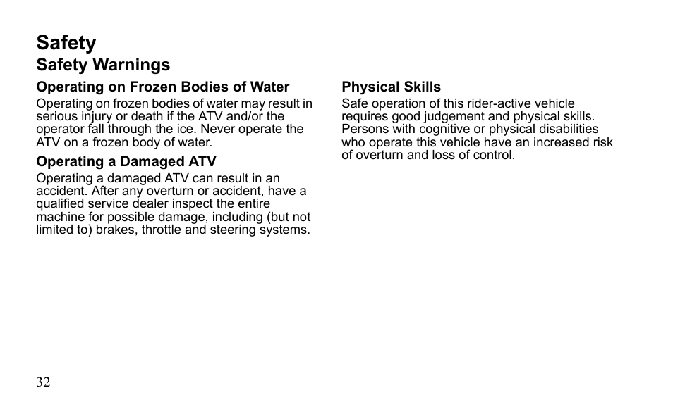 Safety, Safety warnings | Polaris Outlaw 525 S User Manual | Page 35 / 205