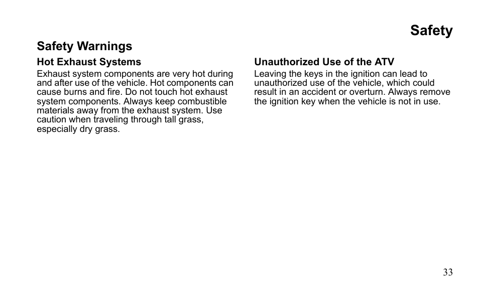 Safety, Safety warnings | Polaris Outlaw 525 S User Manual | Page 36 / 205