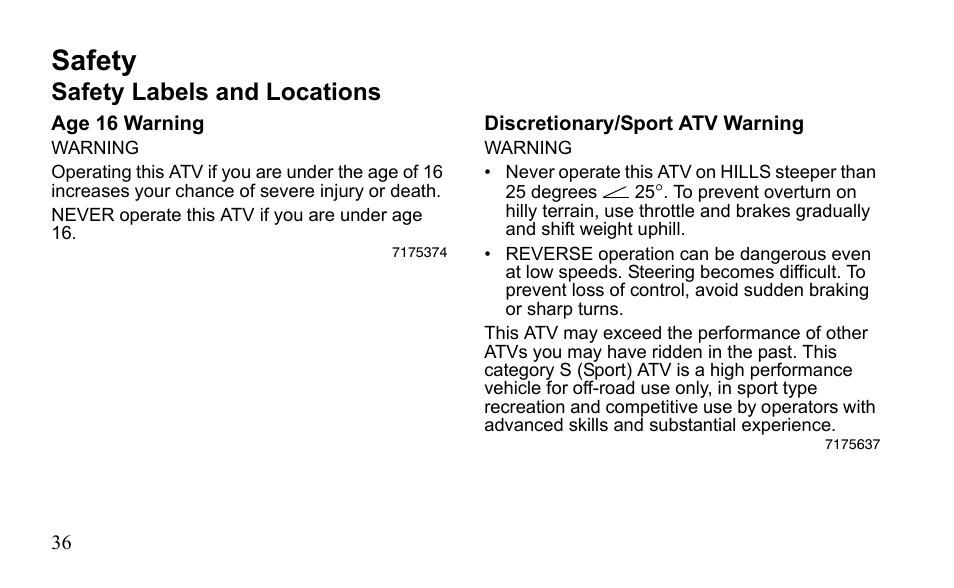 Safety, Safety labels and locations | Polaris Outlaw 525 S User Manual | Page 39 / 205