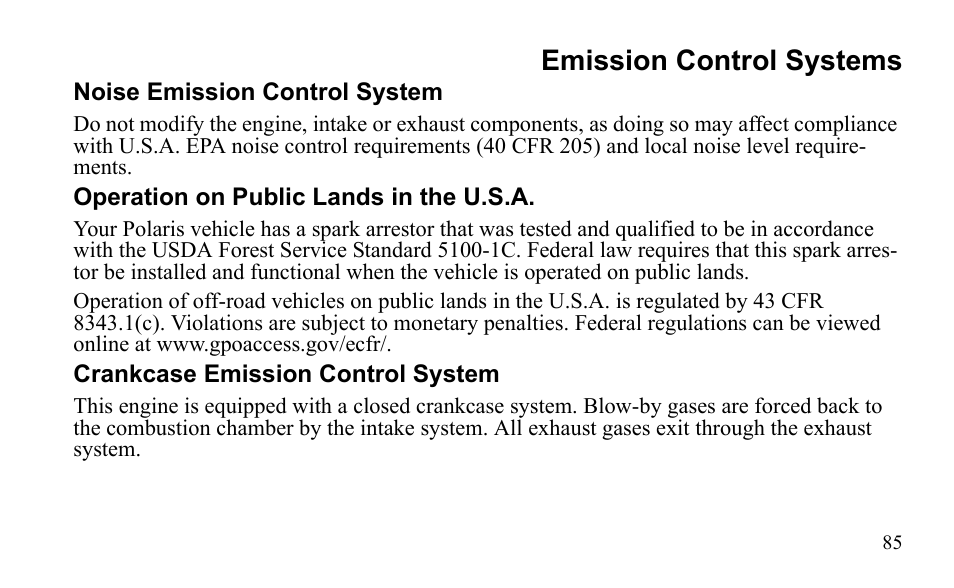 Emission control systems | Polaris Outlaw 525 S User Manual | Page 88 / 205