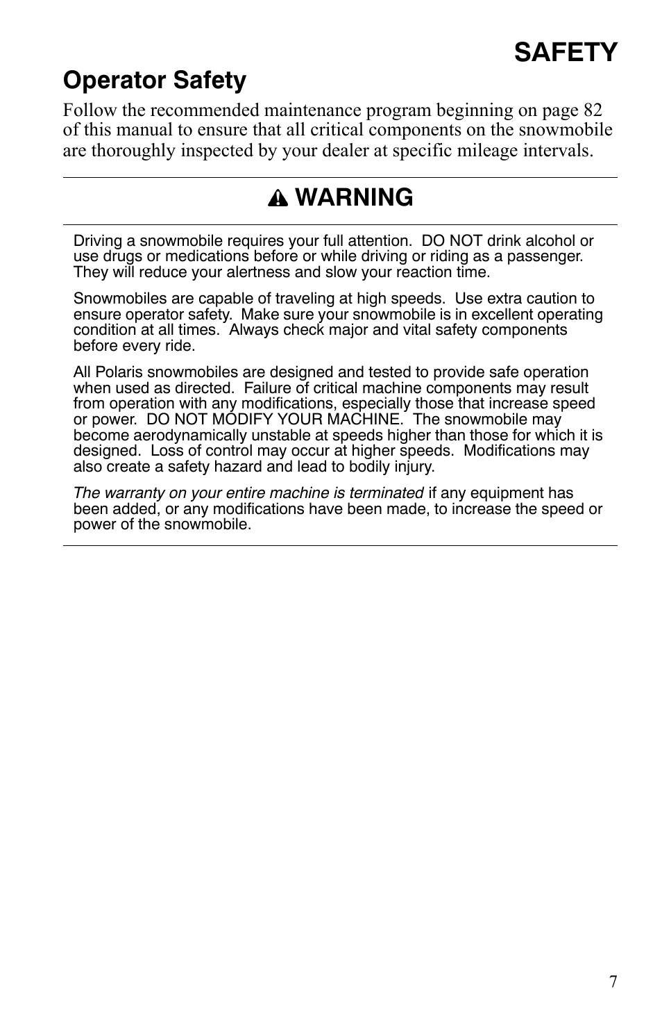 Safety, Operator safety, Warning | Polaris 600 HO IQ User Manual | Page 10 / 145