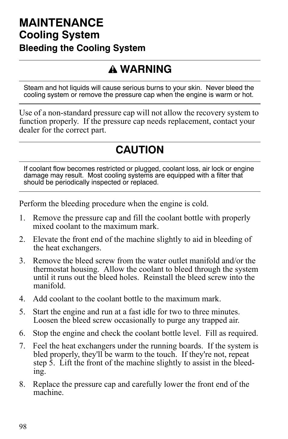 Maintenance, Cooling system, Warning | Caution | Polaris 600 HO IQ User Manual | Page 101 / 145