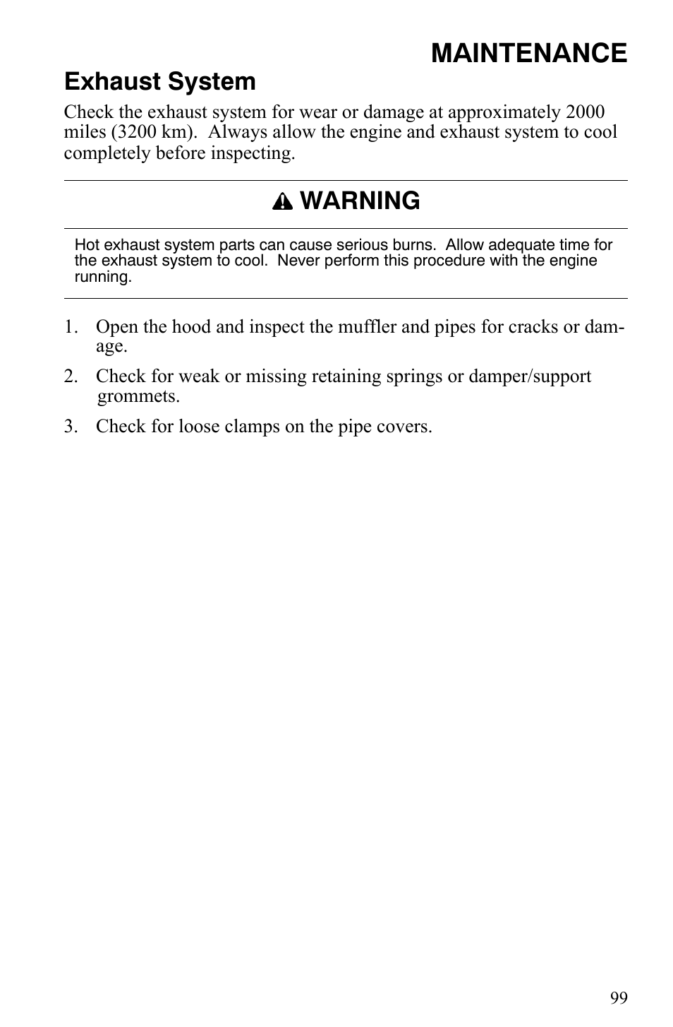 Maintenance, Exhaust system, Warning | Polaris 600 HO IQ User Manual | Page 102 / 145