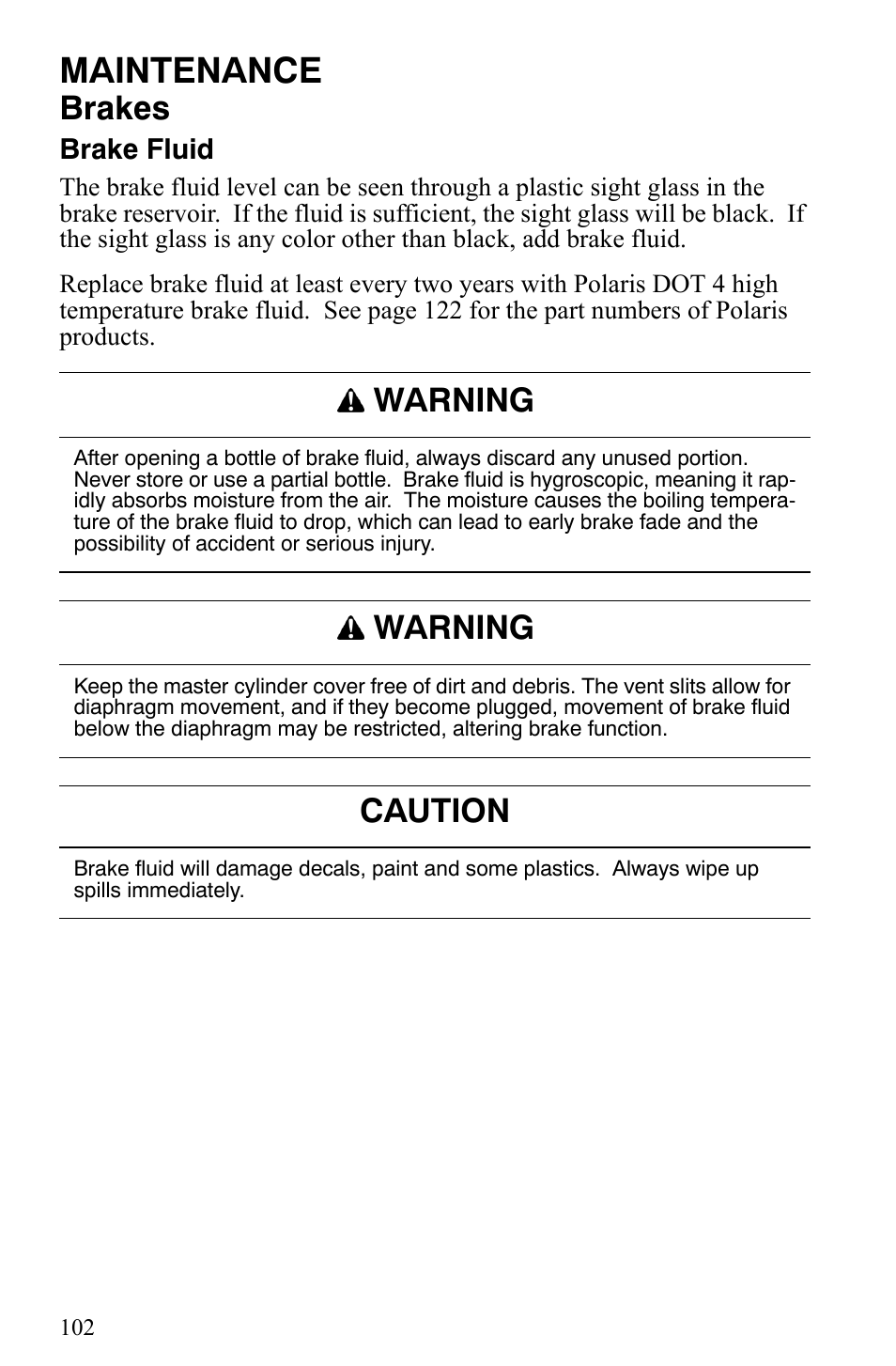 Maintenance, Brakes, Warning | Caution | Polaris 600 HO IQ User Manual | Page 105 / 145