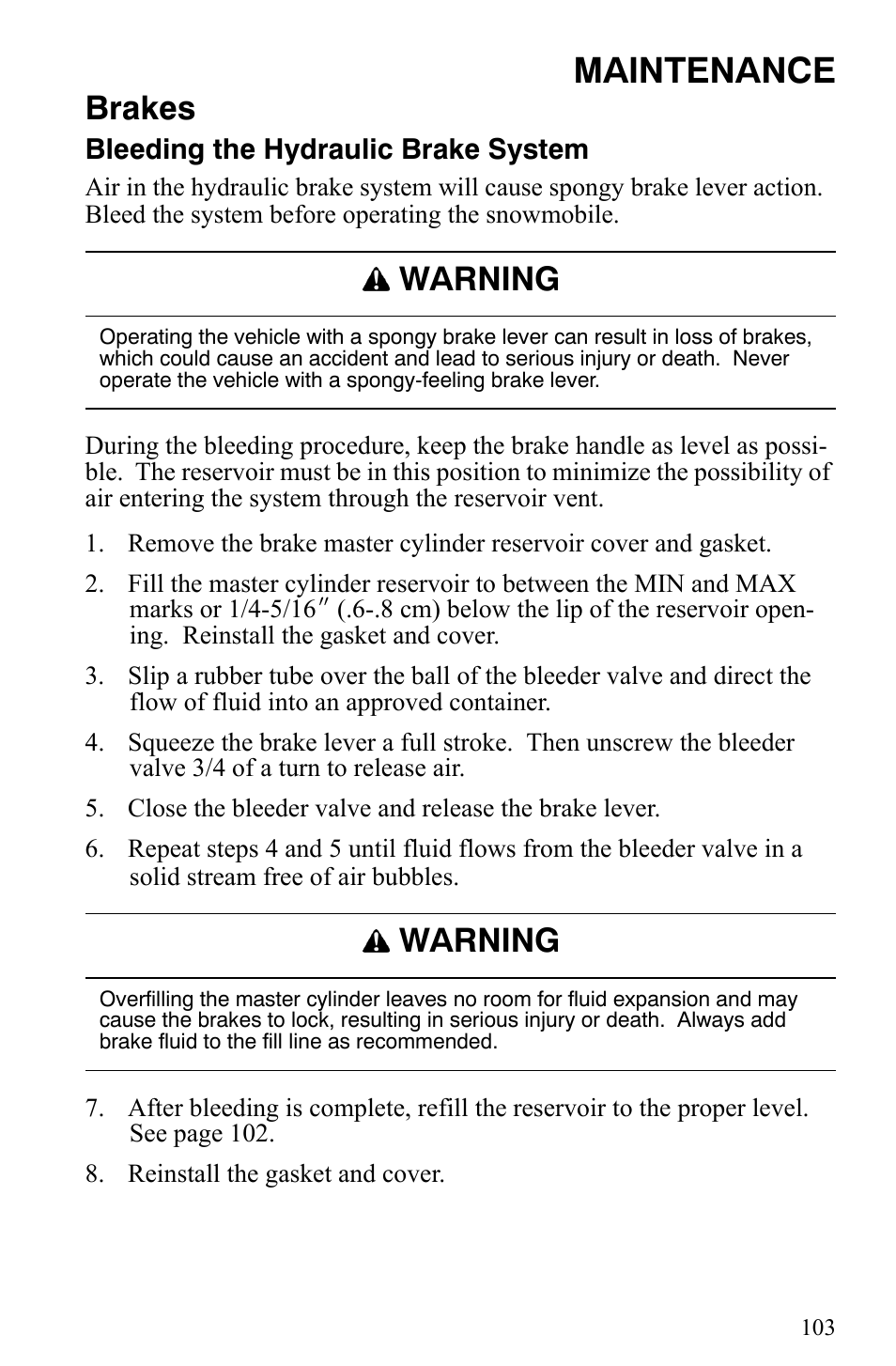 Maintenance, Brakes, Warning | Polaris 600 HO IQ User Manual | Page 106 / 145