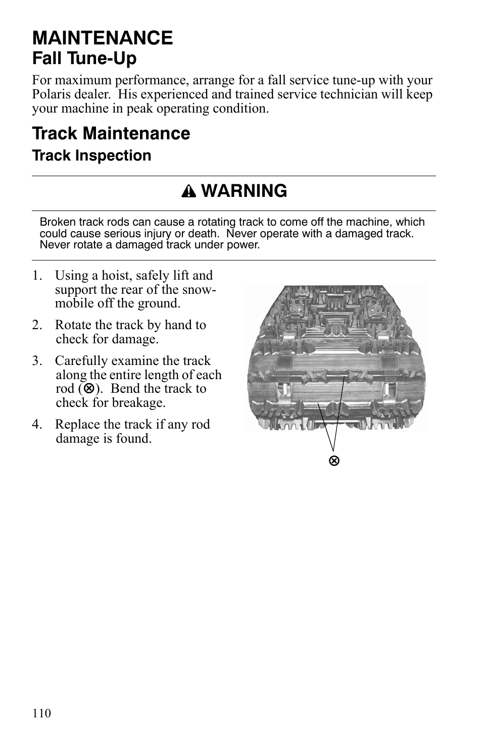 Maintenance, Fall tune-up, Track maintenance | Warning | Polaris 600 HO IQ User Manual | Page 113 / 145