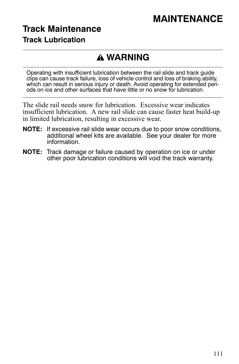 Maintenance, Track maintenance, Warning | Polaris 600 HO IQ User Manual | Page 114 / 145