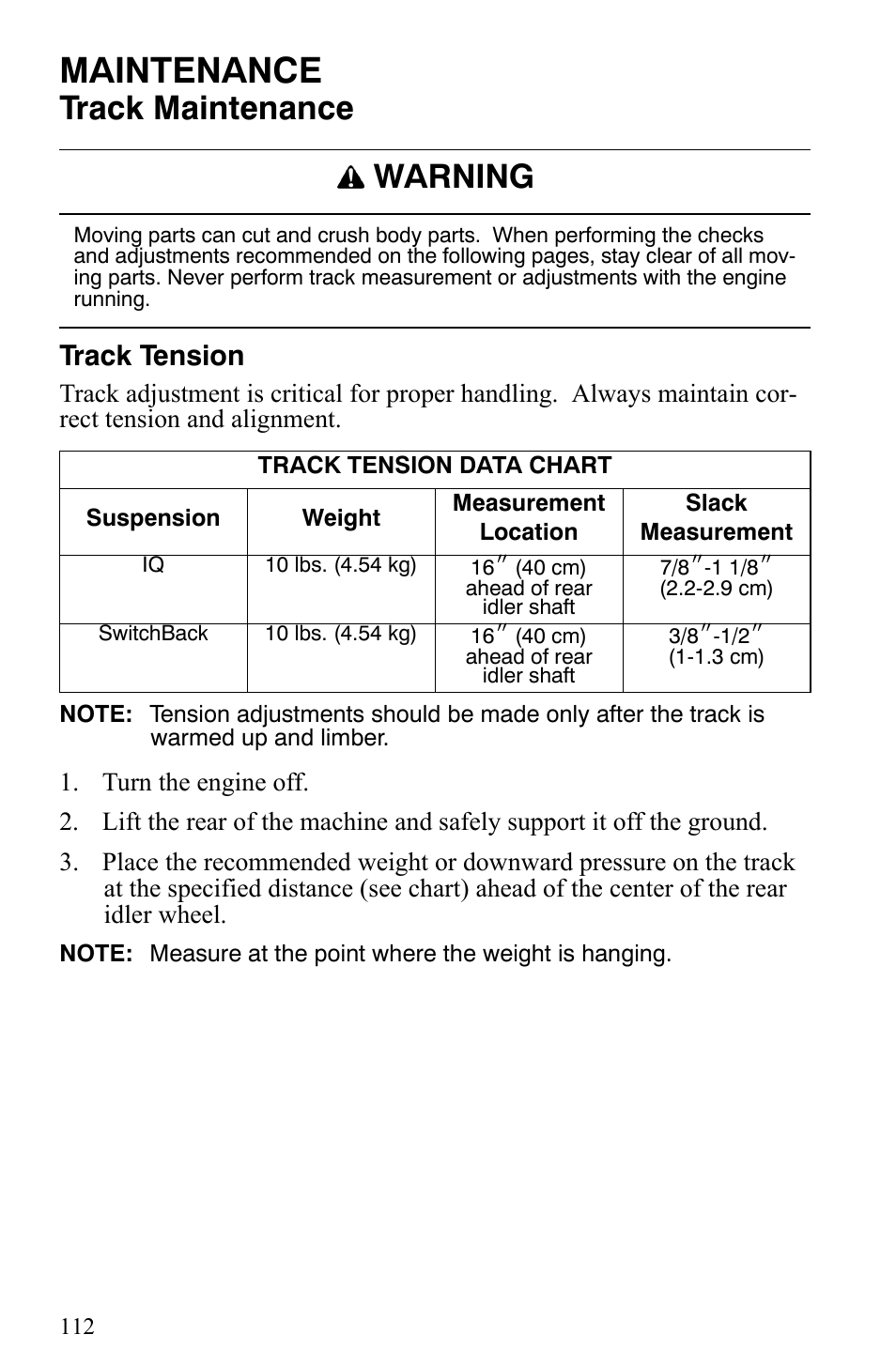 Maintenance, Track maintenance, Warning | Track tension | Polaris 600 HO IQ User Manual | Page 115 / 145