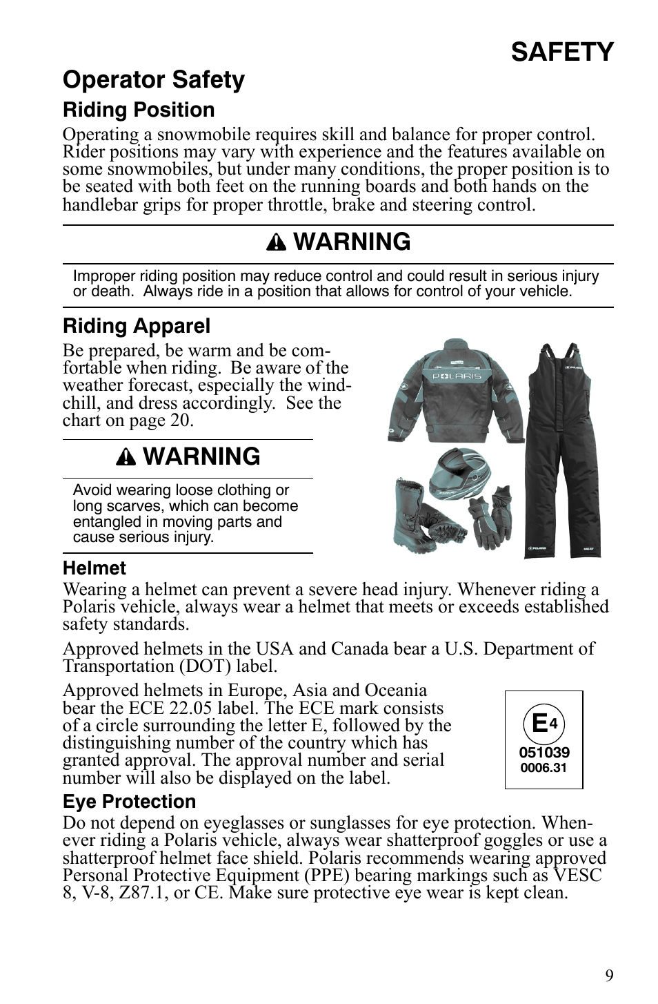 Safety, Operator safety, Warning | Polaris 600 HO IQ User Manual | Page 12 / 145