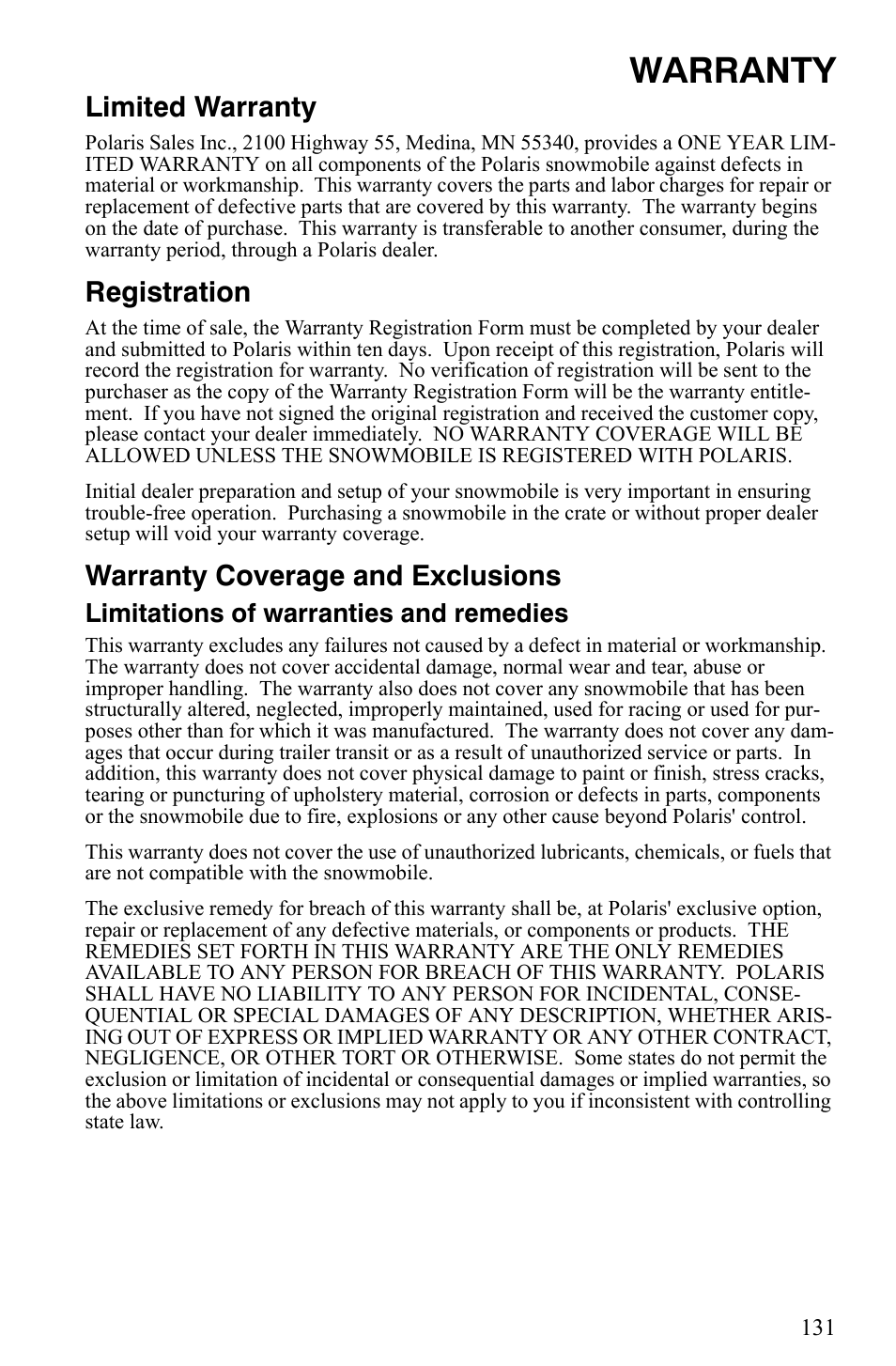 Warranty, Limited warranty, Registration | Warranty coverage and exclusions, Limitations of warranties and remedies | Polaris 600 HO IQ User Manual | Page 134 / 145