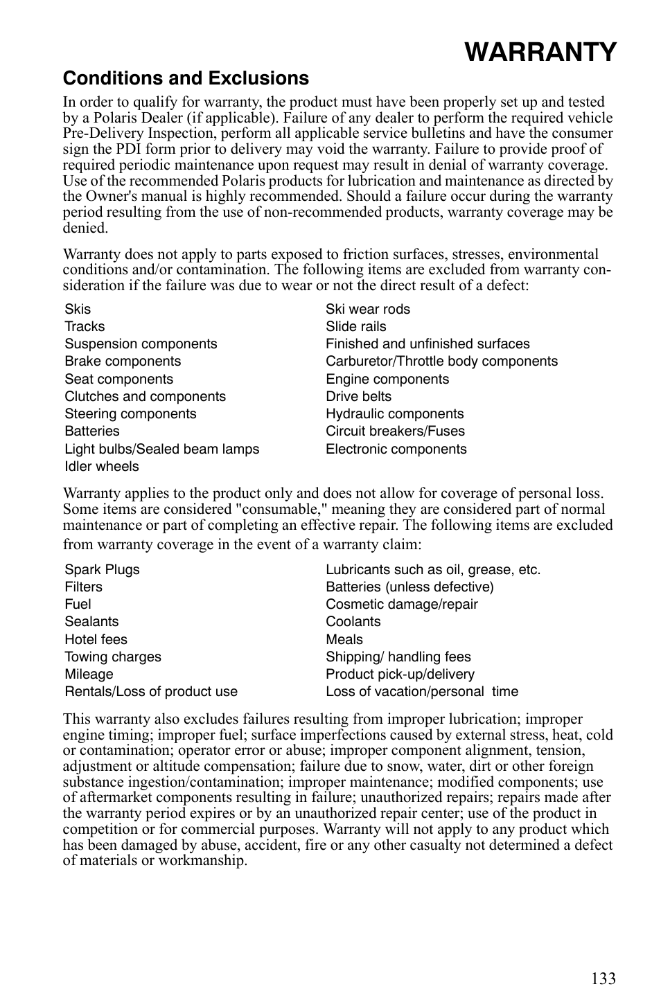 Warranty, Conditions and exclusions | Polaris 600 HO IQ User Manual | Page 136 / 145