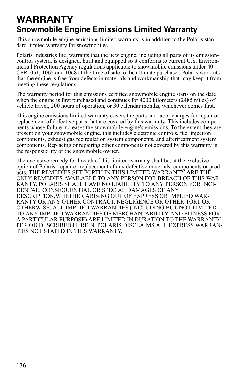 Warranty, Snowmobile engine emissions limited warranty | Polaris 600 HO IQ User Manual | Page 139 / 145