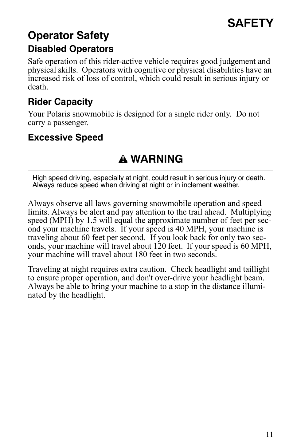 Safety, Operator safety, Warning | Polaris 600 HO IQ User Manual | Page 14 / 145