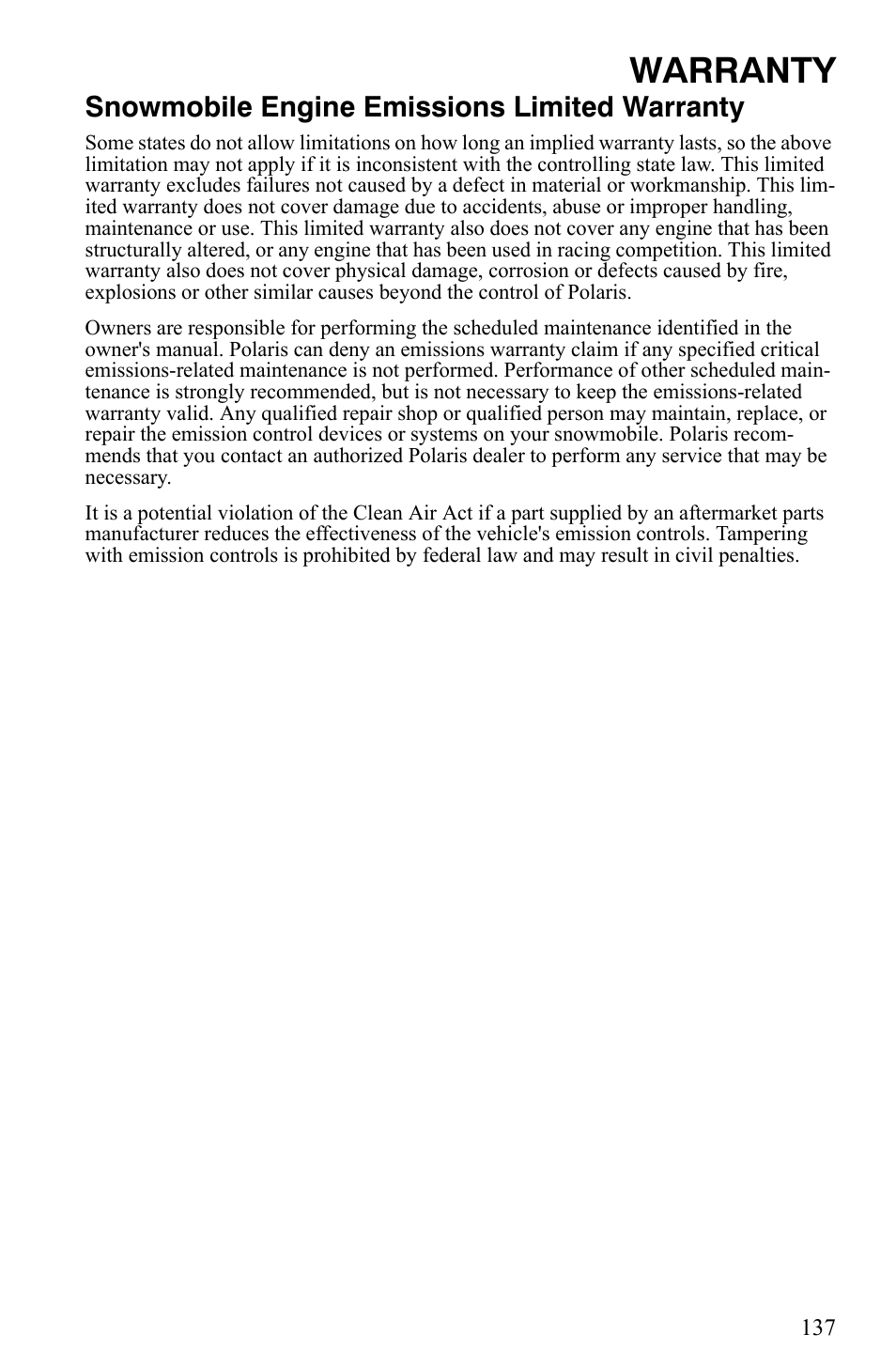 Warranty, Snowmobile engine emissions limited warranty | Polaris 600 HO IQ User Manual | Page 140 / 145