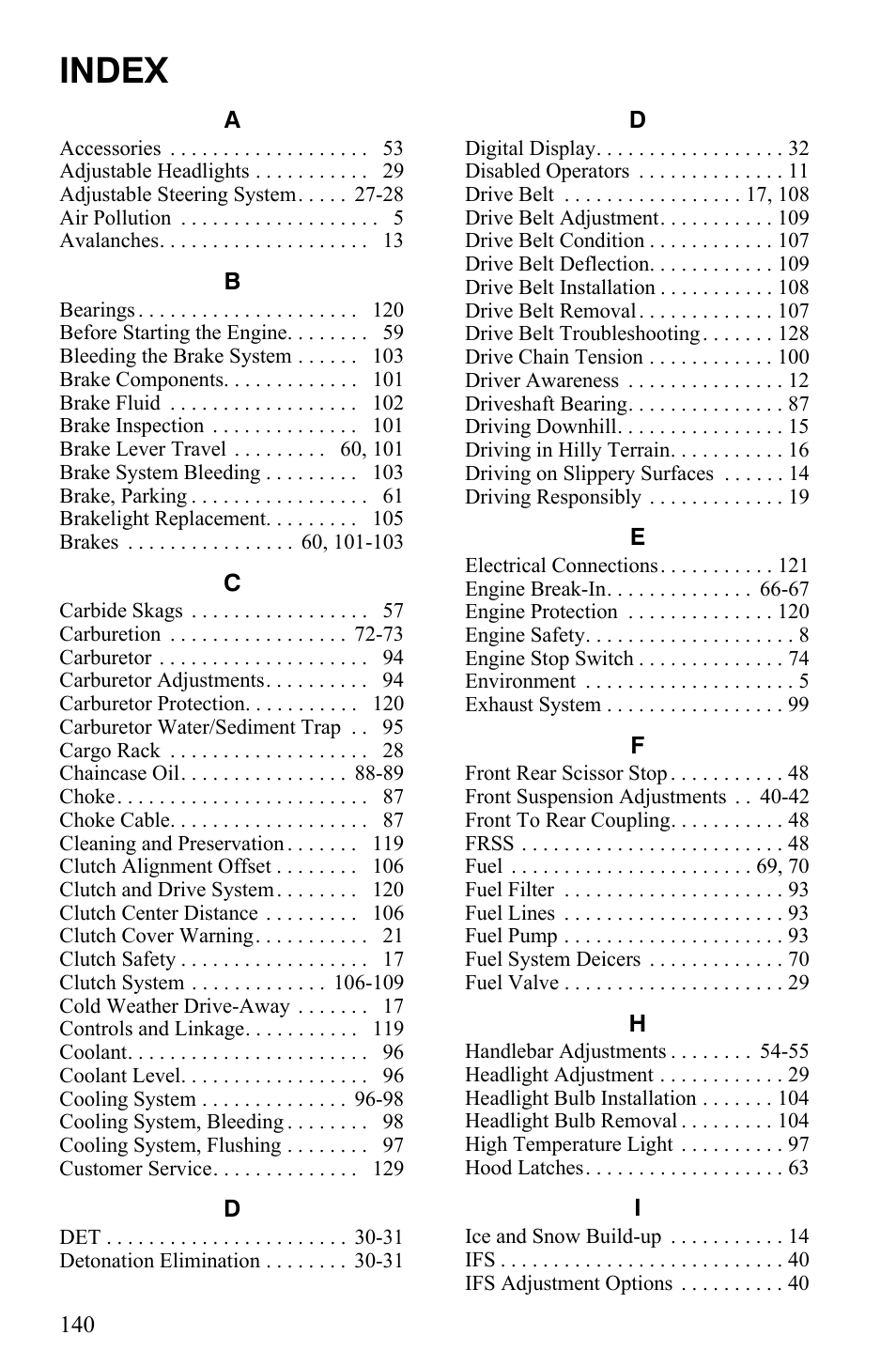 Index | Polaris 600 HO IQ User Manual | Page 143 / 145