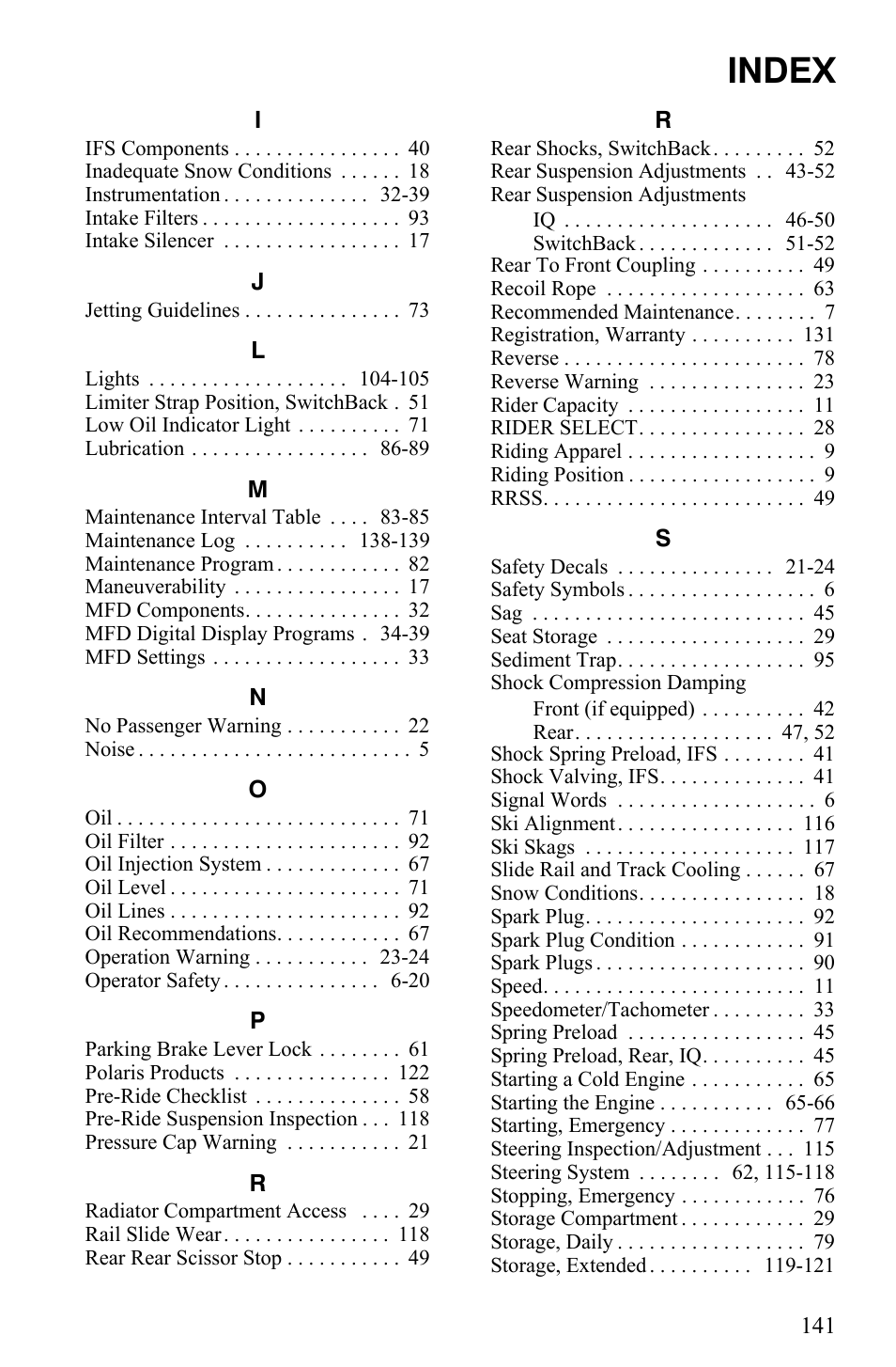 Index | Polaris 600 HO IQ User Manual | Page 144 / 145