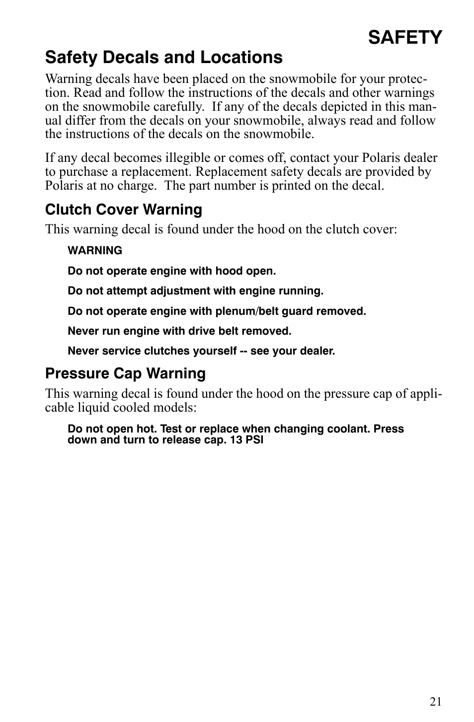 Safety, Safety decals and locations | Polaris 600 HO IQ User Manual | Page 24 / 145