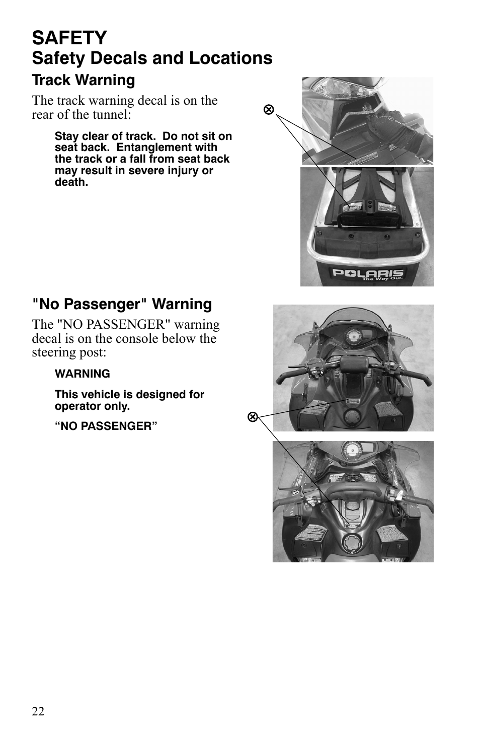 Safety, Safety decals and locations, Track warning | No passenger" warning | Polaris 600 HO IQ User Manual | Page 25 / 145