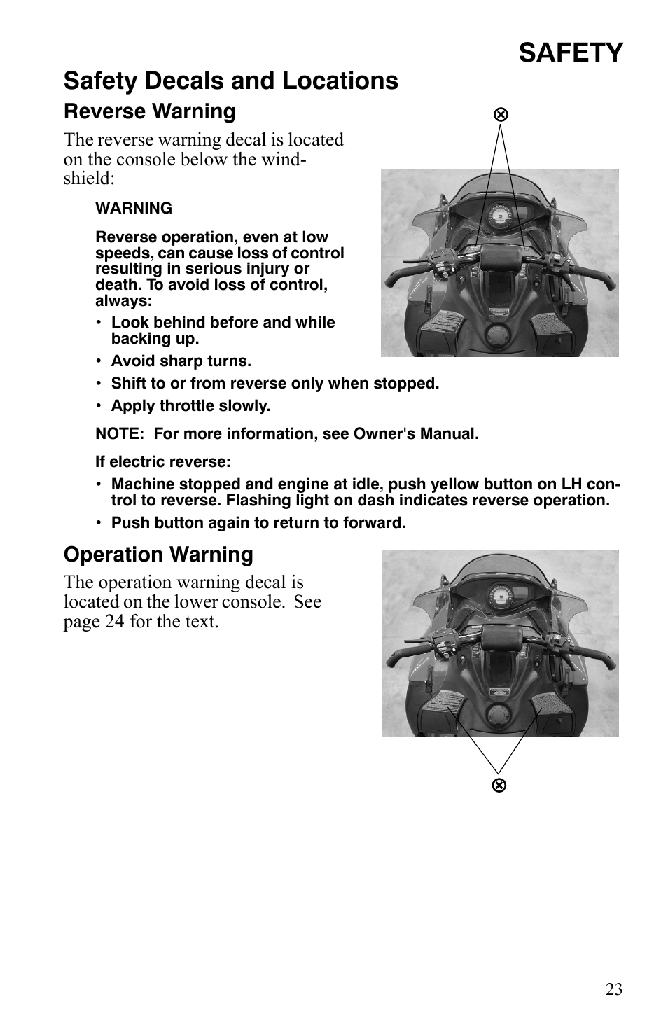 Safety, Safety decals and locations, Reverse warning | Operation warning | Polaris 600 HO IQ User Manual | Page 26 / 145