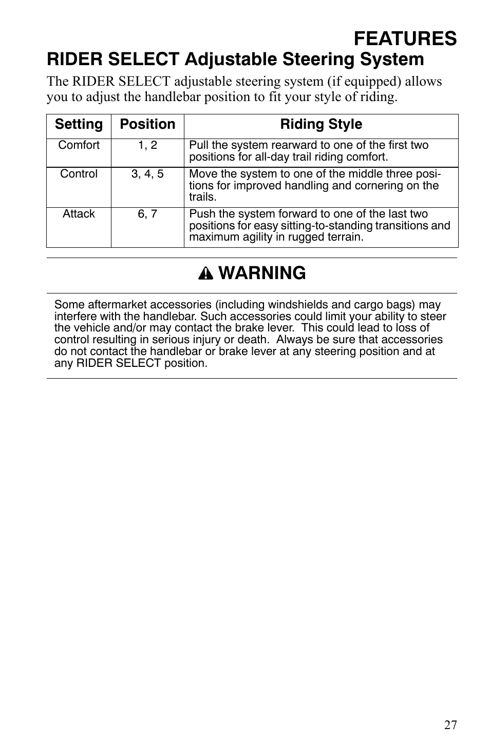 Features, Rider select adjustable steering system, Warning | Polaris 600 HO IQ User Manual | Page 30 / 145