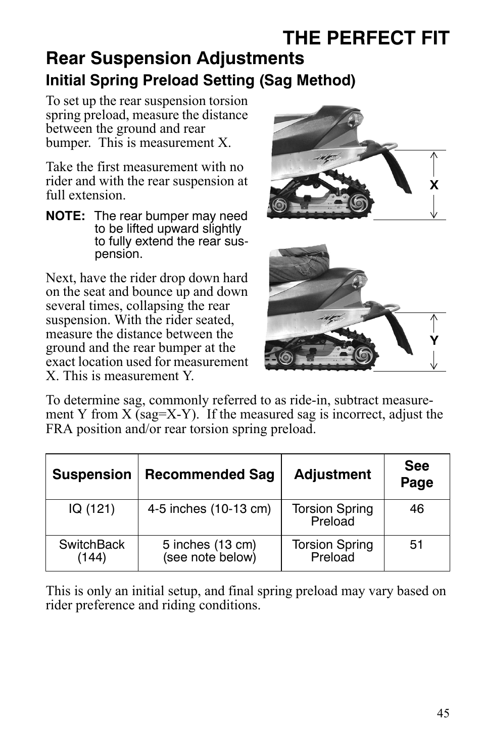 The perfect fit, Rear suspension adjustments | Polaris 600 HO IQ User Manual | Page 48 / 145