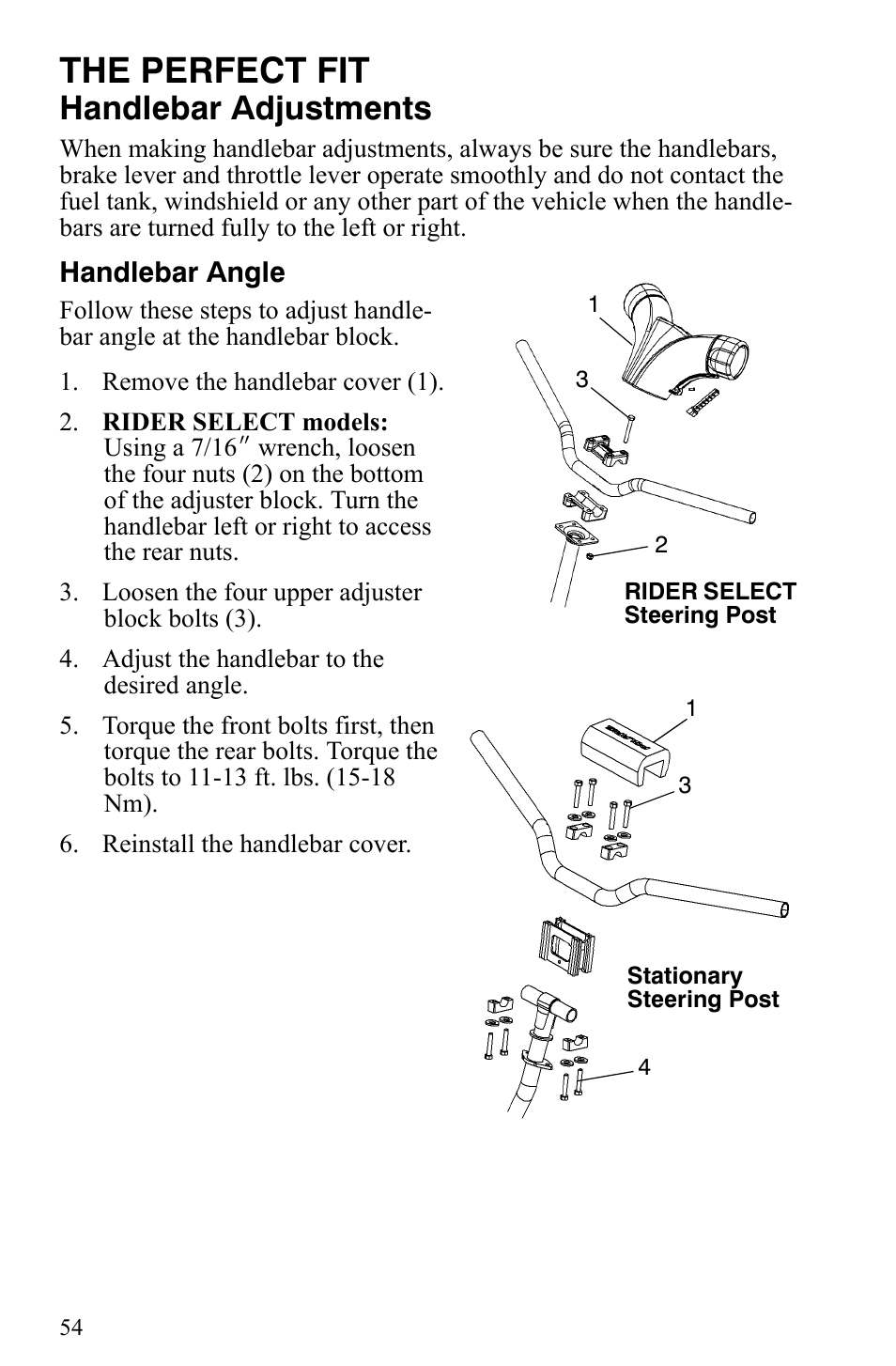 The perfect fit, Handlebar adjustments | Polaris 600 HO IQ User Manual | Page 57 / 145