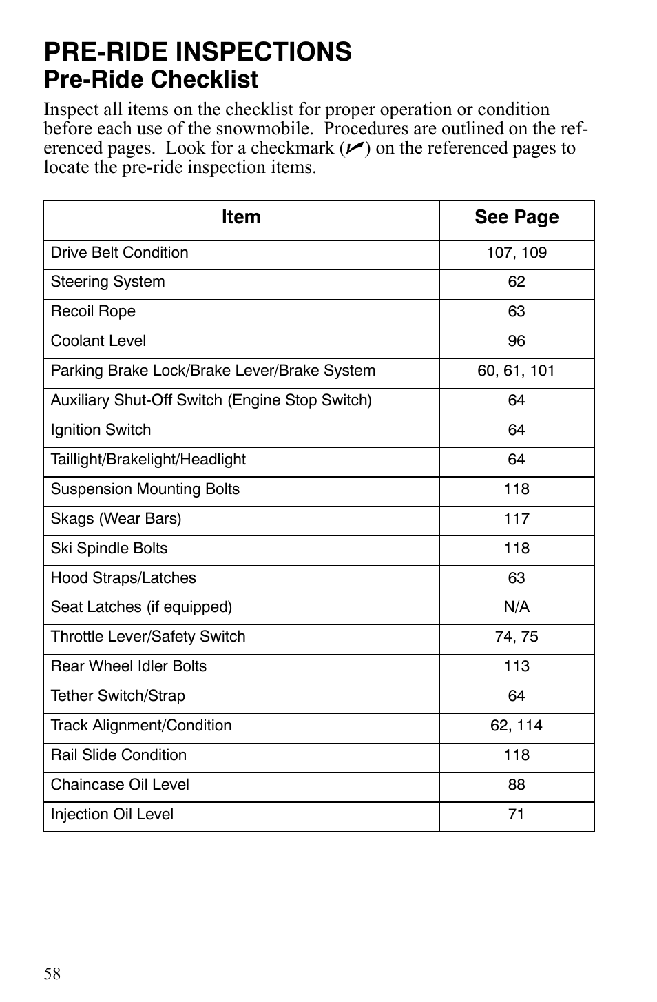 Pre-ride inspections, Pre-ride checklist | Polaris 600 HO IQ User Manual | Page 61 / 145