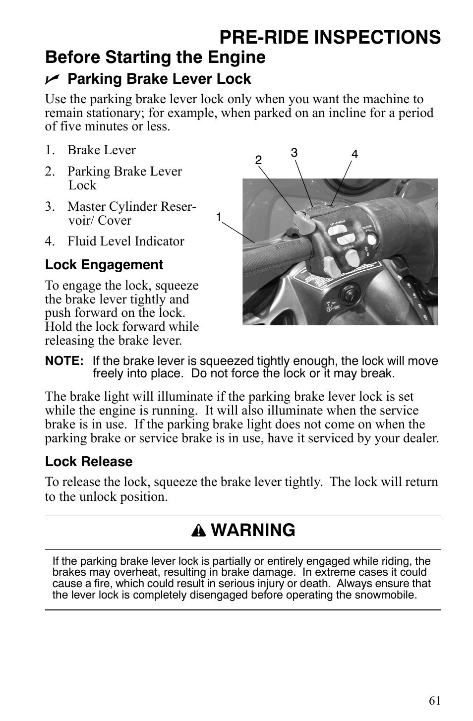 Pre-ride inspections, Before starting the engine, Warning | Polaris 600 HO IQ User Manual | Page 64 / 145