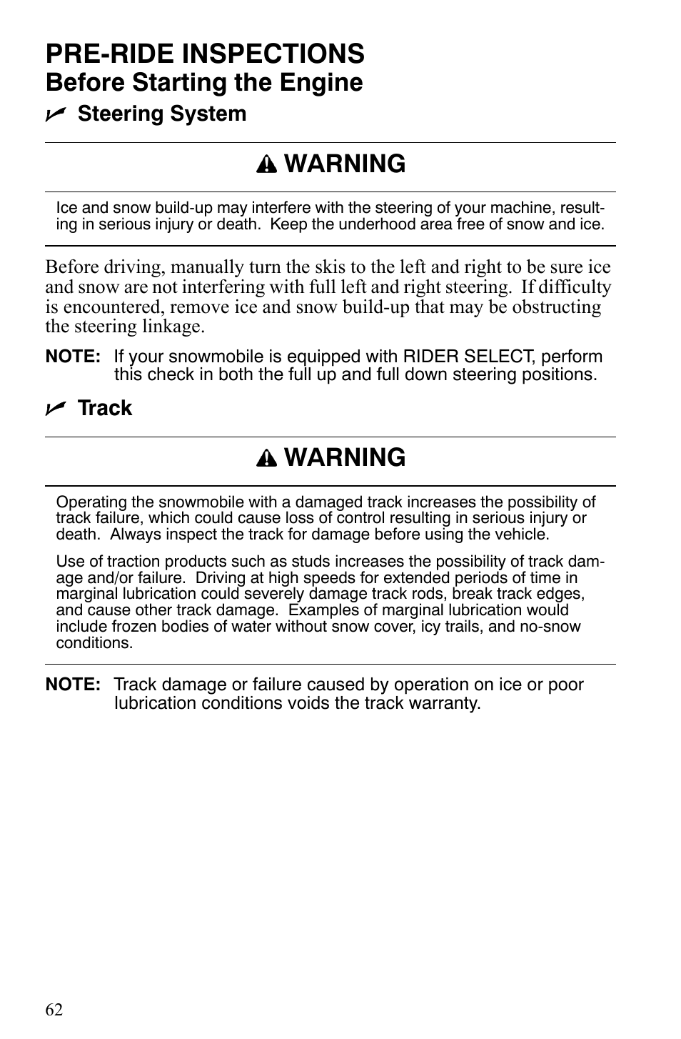 Pre-ride inspections, Before starting the engine, Warning | Nsteering system, Ntrack | Polaris 600 HO IQ User Manual | Page 65 / 145