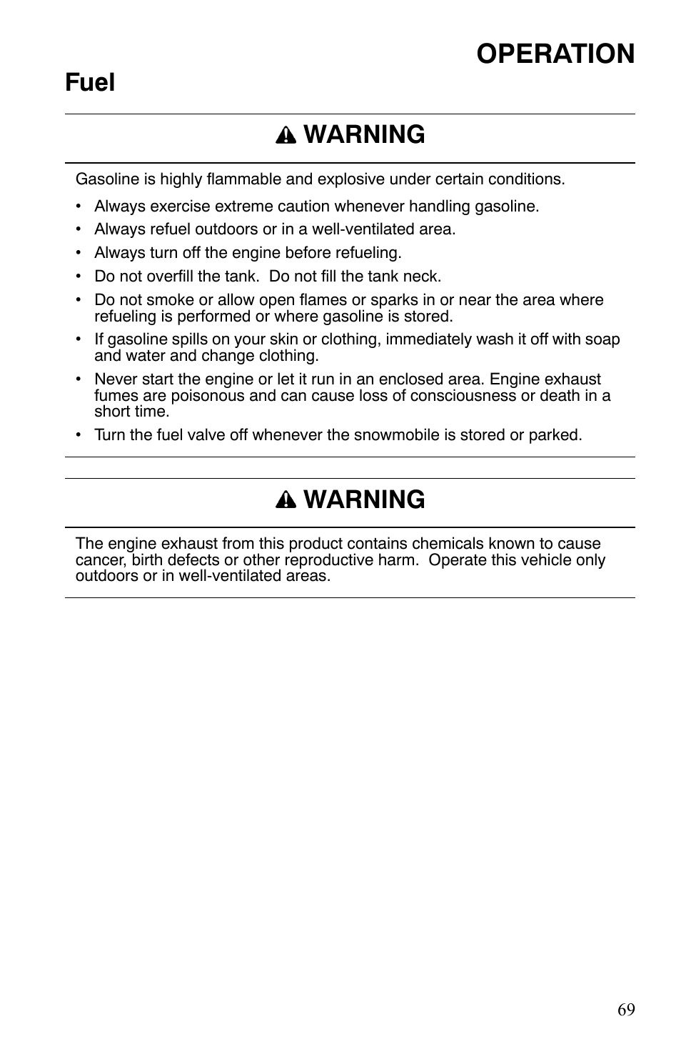 Operation, Fuel warning, Warning | Polaris 600 HO IQ User Manual | Page 72 / 145
