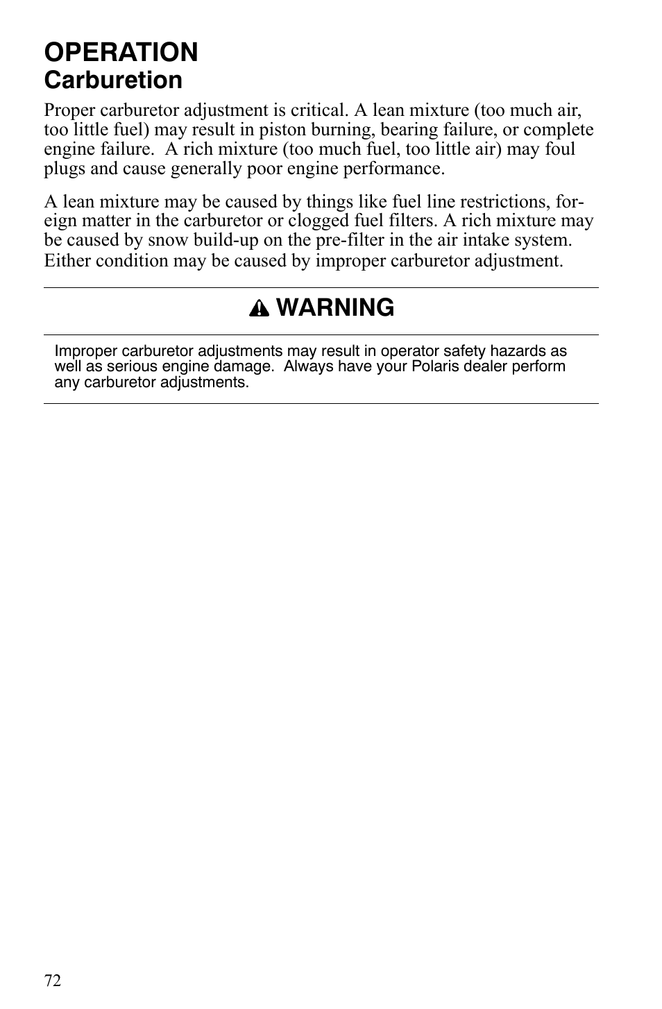 Operation, Carburetion, Warning | Polaris 600 HO IQ User Manual | Page 75 / 145