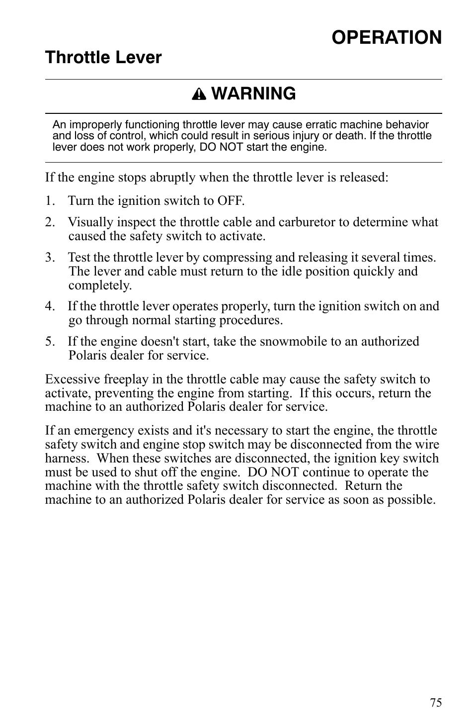 Operation, Throttle lever, Warning | Polaris 600 HO IQ User Manual | Page 78 / 145